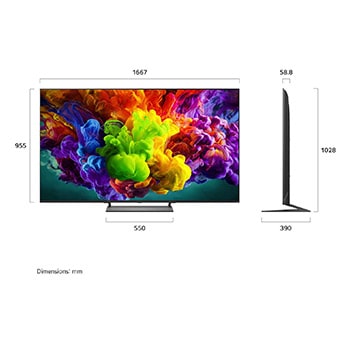 Een LG QNED evo AI QNED90 Mini LED, weergegeven van de voorkant en van de zijkant, heeft een 75 inch scherm dat 1667 mm breed is, 955 mm hoog, 1028 mm hoog met voet, een profieldiepte van 58,8 mm en een afmeting van de voet van de standaard van 550 bij 390 mm.